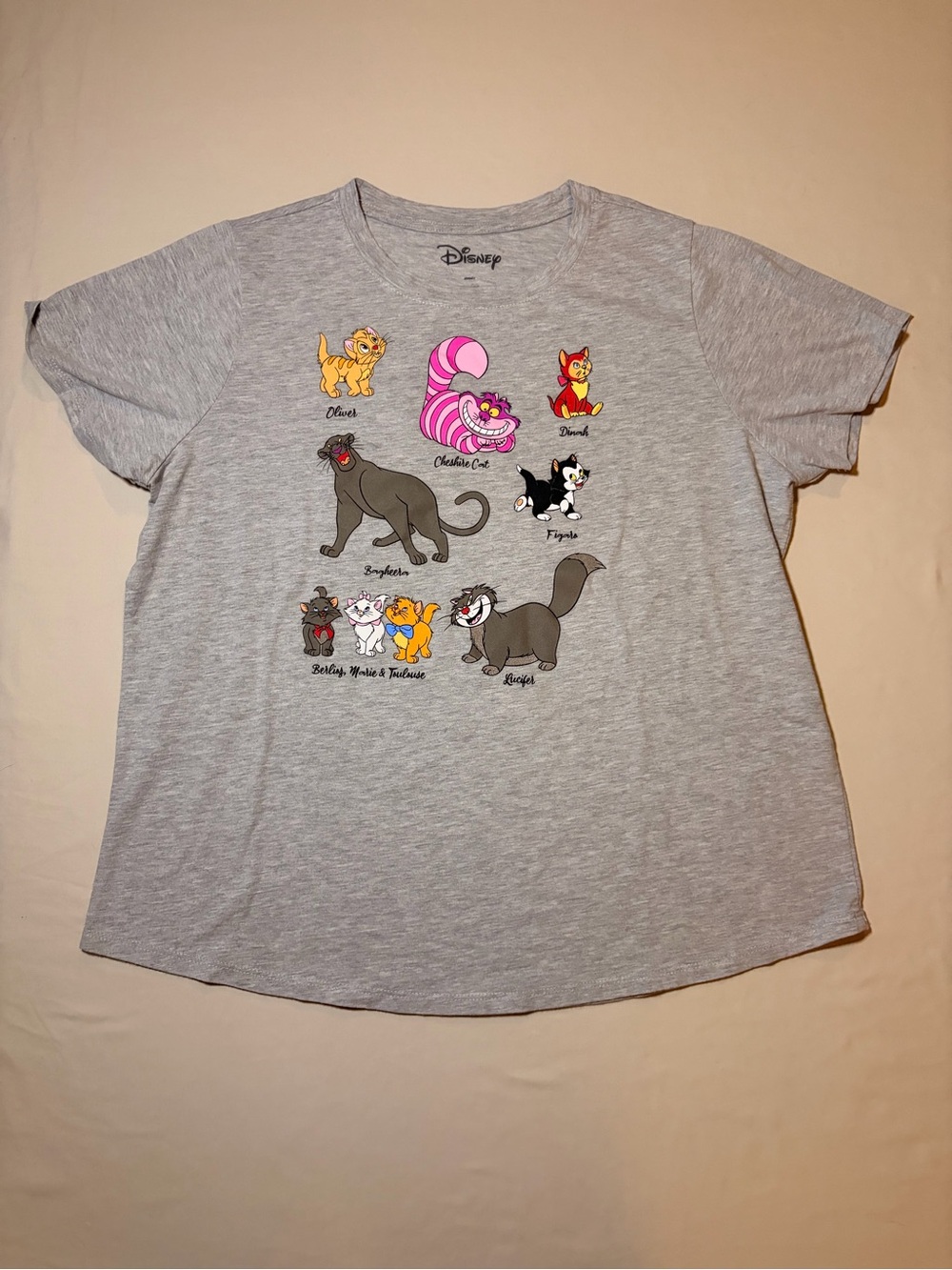 Disney Womens XL Cats T Shirt Cheshire Cat Aristocats Figaro Oliver Gray Tee